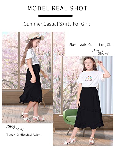 Unacoo Girls Skirts Combed Cotton Casual Midi Swing Skirt Soft Flowy Long Skirts Tiered Ruffle Maxi Skirts Girls Outfit Kids With Elastic Waist For 3-4 Year Black Xs #TOP3