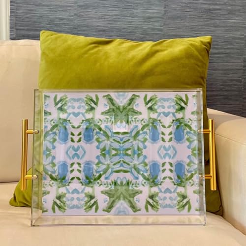 Acrylic Serving Tray with Gold Handles - 11"x14" Decorative Clear Tray, Green and Blue Watercolor Botanical - Vanity, Cofee Table, Bar Cart, or Bathroom Organizer - Image 5