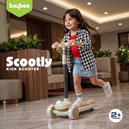 Image of Baybee Vector Baby Premium Kick Scooter for Kids with 4 Height Adjustable | Foldable Kids Scooter with RGB Light, Music | Skate Scooters with Rear Brake | Runner Scooters for Kid 2 to 10 Years (Beige)