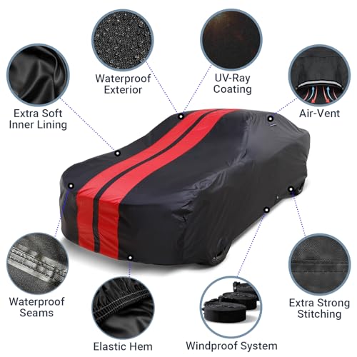 Image of iCarCover Custom Car Cover for Triumph TVR 2500M (1971-1977) Waterproof All Weather Rain Snow UV Sun Protector Full Exterior Indoor Outdoor Car Cover (Stripe - Black /Red)
