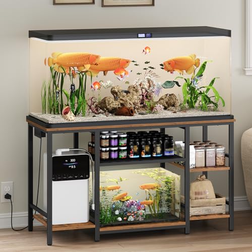 MAHANCRIS 55-75 Gallon Fish Tank Stand with Power Outlet, 3-Tier Metal Frame Aquarium Stand, Heavy Duty Reptile Terrarium Tank Stand, 52.0'L x 19.7'W x 29.9'H, 800 LBS Capacity, Rustic Brown FTHR55E01