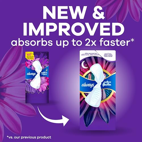 Image of Always Radiant Feminine Pads for Women, Flexfoam Pads with Wings, Size 5, Extra Heavy Overnight Absorbency, Lightly Scented, 26 Count