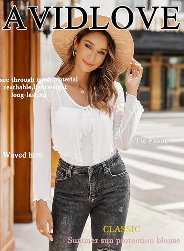 Image of Avidlove Womens Sheer Shrug Tie Front Long Bell Sleeve Mesh Bolero Lightweight Summer Casual Short Shawl Top