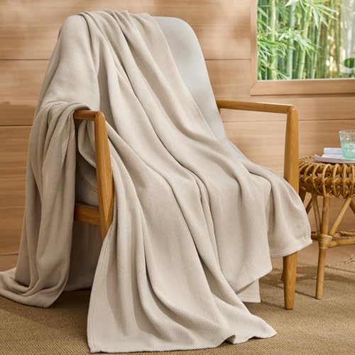 Image of Bedsure 100% Cotton Blanket, Herringbone Weave, Throw XL, Linen Beige