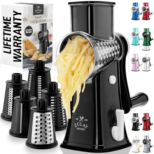 Comparison: Best Cheese Grater Rotary 4 Zulay Kitchen Rotary Cheese Grater 5 Blade Cheese Shredder - Manual Hand Crank Cheese Grater With Reinforced Suction & 5 Interchangeable Drums - Easy to Use, Vegetable Chopper Round Mandoline Slicer