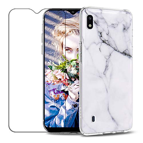 Coque Compatible avec Samsung Galaxy A10, Élégant Marbre Motif Silicone Housse, Ultra-Mince Anti Choc Souple TPU Protection Etui + 9H HD Verre Trempé [Anti Rayures] [Anti-Slip] - Blanc