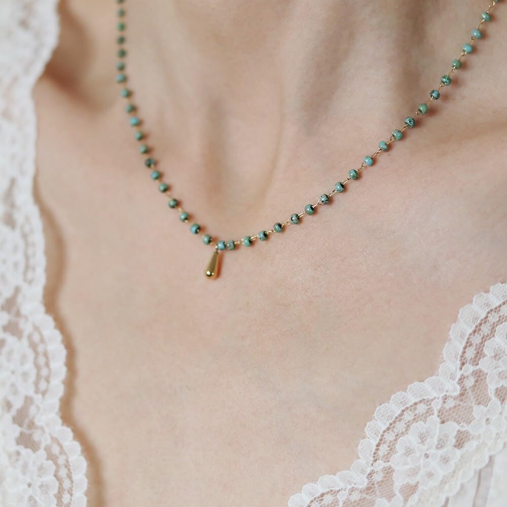 Retro Minimalist Niche Blue-Green Glass Beads Water Droplet Pendant Necklace Choker Chain Titanium Steel 18K Gold Plated Women's Necklace