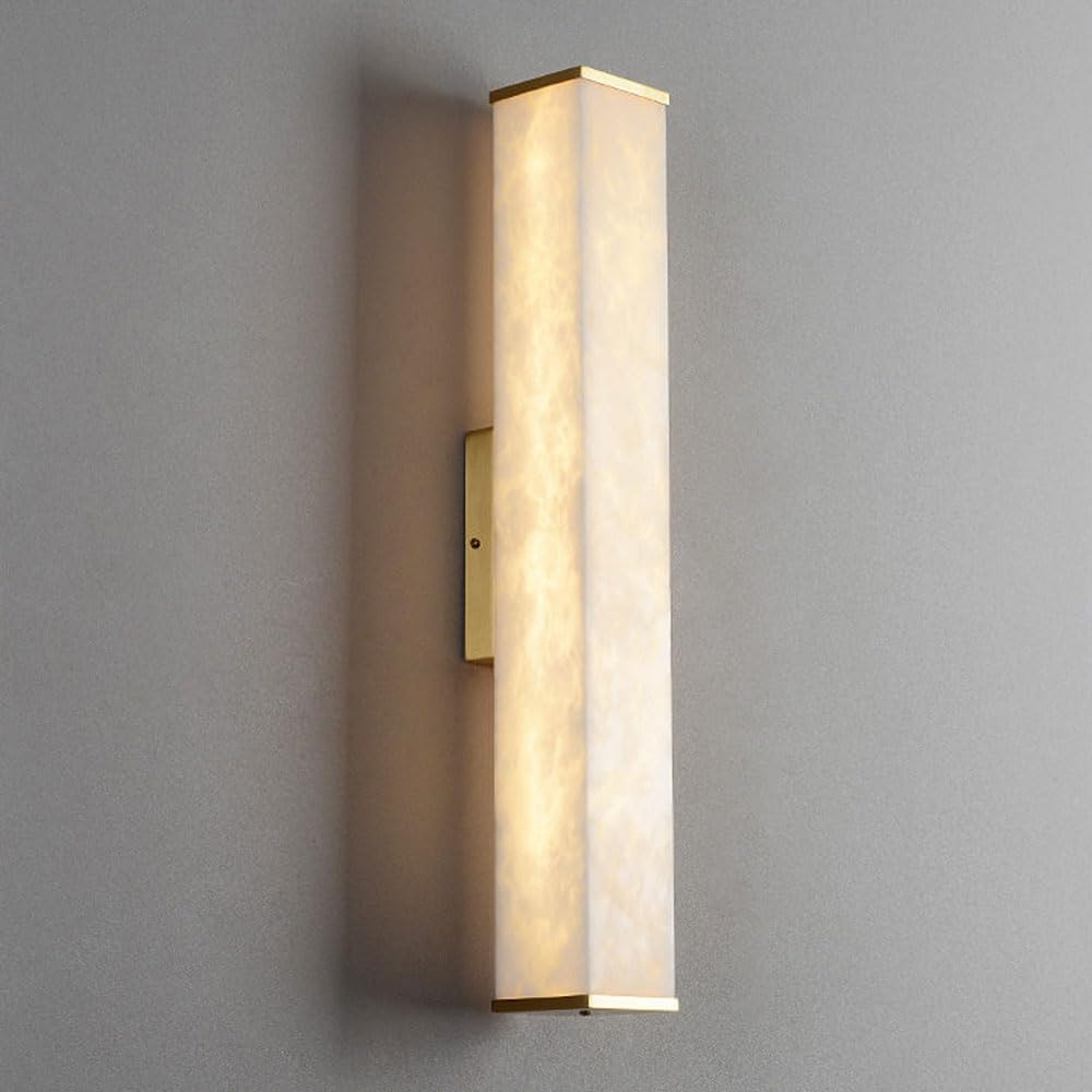 GUOGUOSM Medieval Minimalist Style LED Wall Sconce, 15.7in Natural Alabaster Wall Light, Rectangular Marble Brass Wall Lamp, Living Room Corridor Bedroom Decorative Lighting Fixtures.