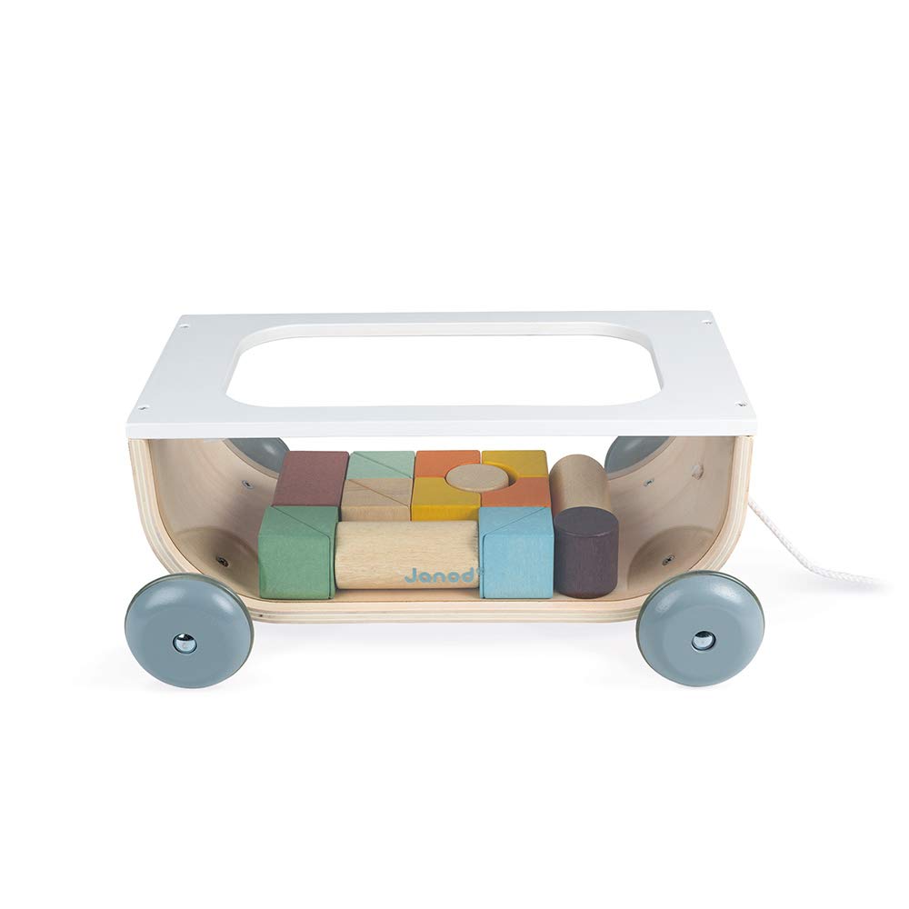 Janod - Carrito de Cubos de Madera - Colección Sweet Cocoon - Juguete de Estímulo para Bebés Pintado al Agua - Juguete de Arrastre - Aprender a Andar - A Partir de 18 Meses, J04407