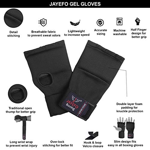 Jayefo Padded Inner Gloves For Boxing - Elastic Hand Wraps With Training Gel - Quick Boxing Wraps And Bandages For Men & Women - Wrist Wrap Protector Handwraps Kuckle Pair - Small - Black #TOP1