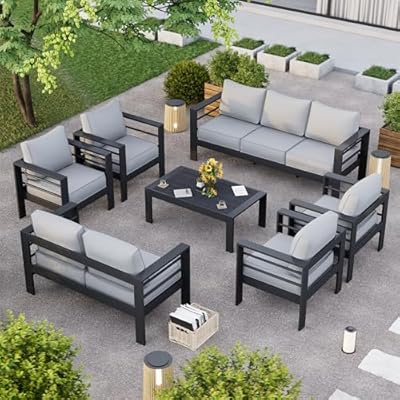 VONZOY Aluminum Patio Furniture Set, 10 Piece Metal Outdoor Furniture Set, Patio Set with Waterproof Covers for Backyard Garden?Dark Grey&Light Grey?