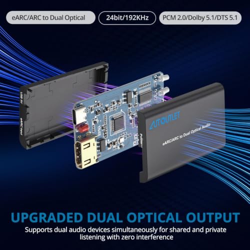 Image of AUTOUTLET HDMI eARC /ARC to Dual Optical Audio Adapter, HDMI ARC to Optical Converter with 2 Toslink SPDIF Outputs for TV Soundbar Wireless Headphones, 192kHz, Dolby DTS 5.1