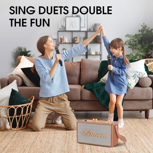 Image of Karaoke Machine for Adults,2 Wireless Microphones for Karaoke Speaker, Portable Microphone and Speaker Support Four-Channel Microphone Expansion for Home Part,Car,Indoor /Vintage Gifts-Brown