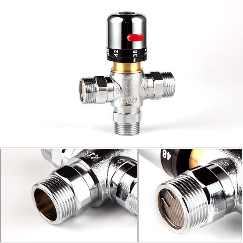 Válvula de mezcla termostática de 2 piezas, válvula termostática de latón sólida de 19,8 mm 3 vías de la válvula de mezcla de agua del agua Tubo Termostato Control de termostato Plata