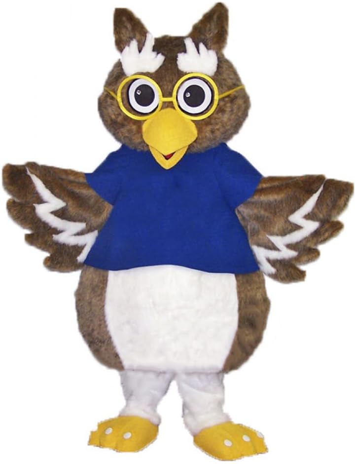Paunchy Brown Owl Mascot Costume in Blue Shirt for Adults Men & Women with Built-in Fan Inside the Head