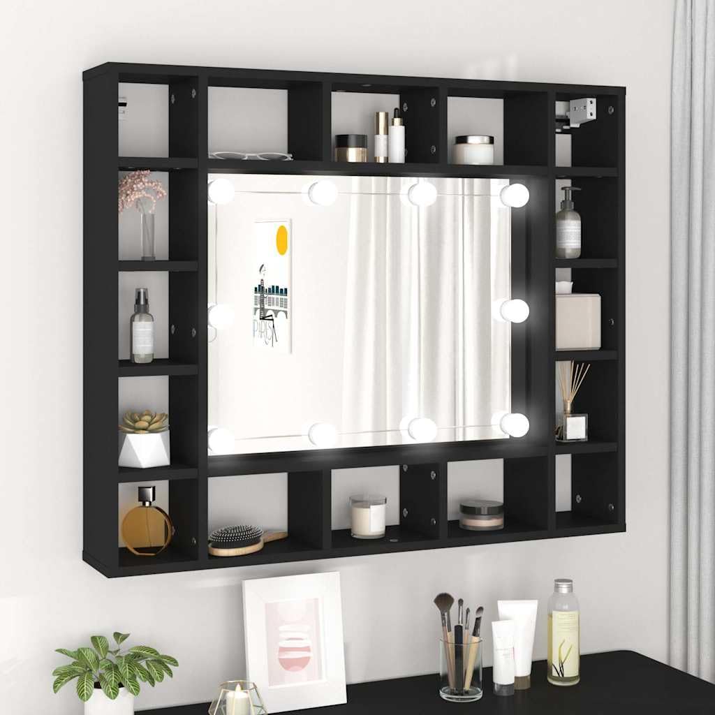 Armadietto a specchio a LED nero, 91 x 15 x 76,5 cm, con illuminazione e telecomando, montaggio a parete, con diversi scomparti e porta USB per riporre cosmetici