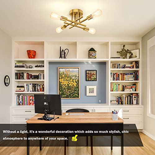 Gold Semi Flush Mount Ceiling Light Fixture, 4-Light Modern Industrial Sputnik Chandelier Light Fixture, Flush Mount Ceiling Lamp For Kitchen Bedroom Living Room Dining Room Closet, E26 Bulb Sockets #TOP4