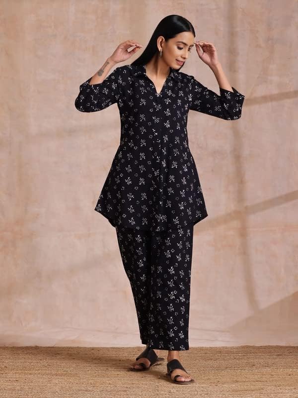 Image of Tarshika Women Women's Trendy Printed Cotton Blend Straight Pocket Black Color Kurta and Palazzo Set (KS2069-S)