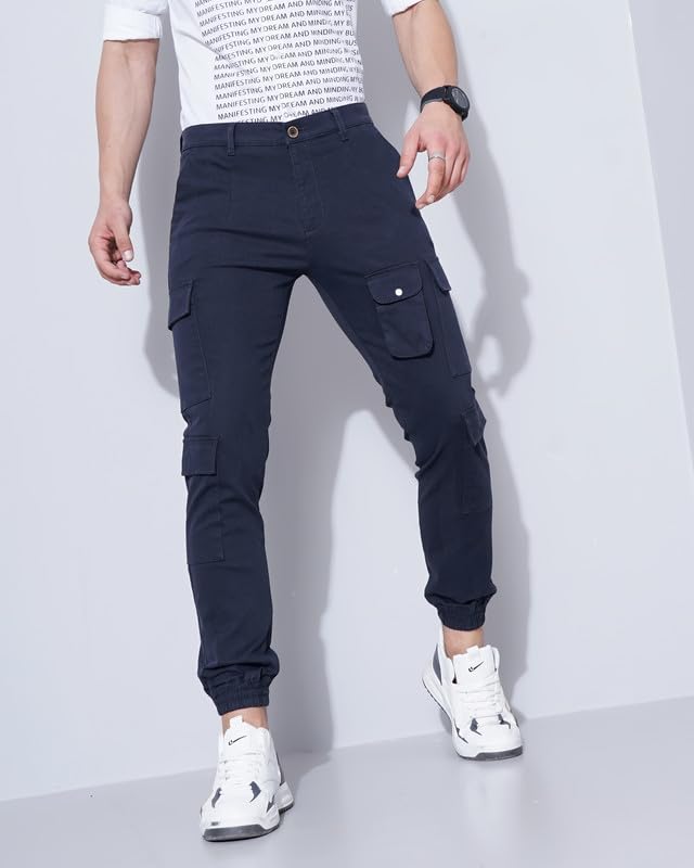 Image of British Club 98% Cotton, 2% Elastane Slim Fit Cargo Jogger Pants | Flat-Front Design | Adjustable Waistband | Multiple Pockets | Lightweight Fabric | Modern Style | Comfortable | Durable Black