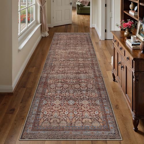 2x8 Beige Washable Floral Hallway Runner Rug Kitchen Vintage Traditional Low Pile Non Slip Long Area Rug Retro Distressed Soft Carpet Entryway Beside Bed Living Room Office Porch 2'x8' Accen