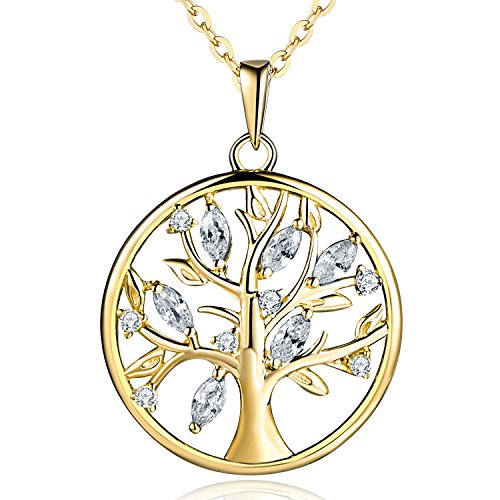 JO WISDOM Collier Pendentif Arbre de vie Yggdrasil Argent 925 Femme AAA Zirconium Pierre de naissance d'avril avec plaqué or jaune