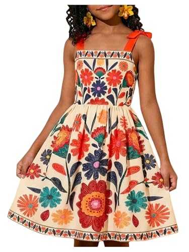 RoseSeek Girls Summer Dress Hawaiian Tropical Floral Midi Dresses Bowknot Strap Cut Out Back A Line Flowy Beach Sundress Multicolor 12 Years