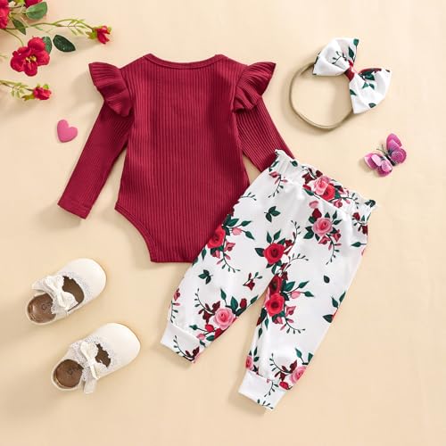 Baby Girls Clothes Ribbed Romper Bodysuit Pants Headband Set Fall Winter Outfits3