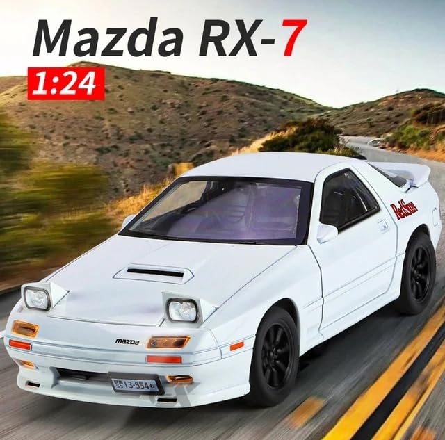 Image of die cast Metal Mazda RX7 die cast 1:24 Scale Model with Iconic popup Headlight with Light end Engine Sound Music for Boys and Adults. (White)