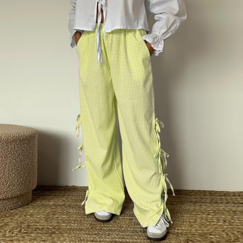 Image of Y2K Gingham Pants for Women Bow Tie Side Slit Wide Leg Lounge Bottom Plaid Checkered Loose Fit Going Out Pants