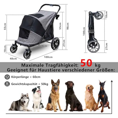 Quolliter Hundewagen Ein-Taste-Zusammenklappung Hundebuggy bis 50kg Hundewagen Große Hunde Katzenwagen für 2 Große Katzen 360° Verschleißfeste Gummiräder Netzfenstern
