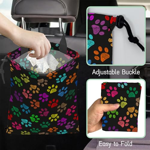 Image of Colorful Paw Prints Car Trash Bag,Hanging Drawstring Car Garbage Bag,Waterproof Canvas Car Back Seat Organizer with Adjustable Buckle,for Vehicles,SUVs,Camping,Road Trips