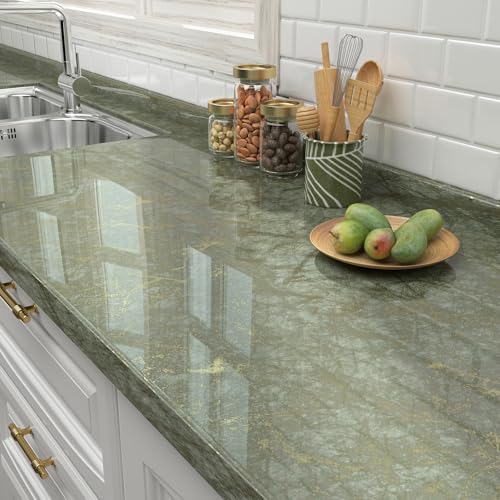 FunStick Thick Dark Green Marble Countertop Contact Paper Waterproof Peel and Stick Countertops for Kitchen Removable Marble Wallpaper for Bathroom Cabinets Renter Friendly Counter Top Covers 12