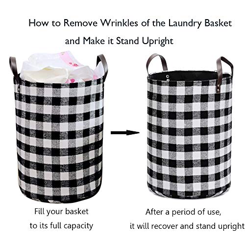 Thick Felt Fabric Laundry Storage Basket Dirty Clothes Toys Sundries Storage Bin With Leather Handle, Decorative Basket For Bedroom, Living Room, Bathroom, Kid's Room, Brat Check, White Black Grid #TOP5