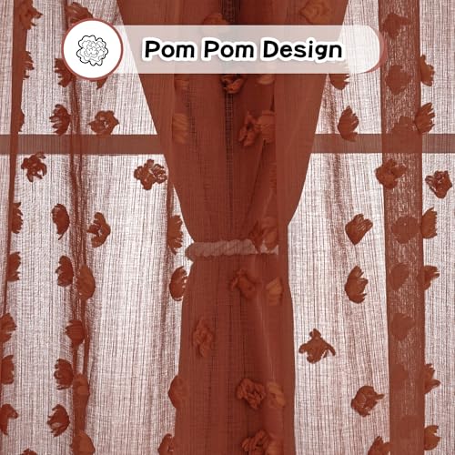 Image of MYSKY HOME Double Layer Boho Curtains for Bedroom 63 Inches Length Long Terracotta Pom Pom Sheer Window Drapes 2 Panels Girls Curtain Room Darkening Grommet Blackout Curtains, W52 X L63