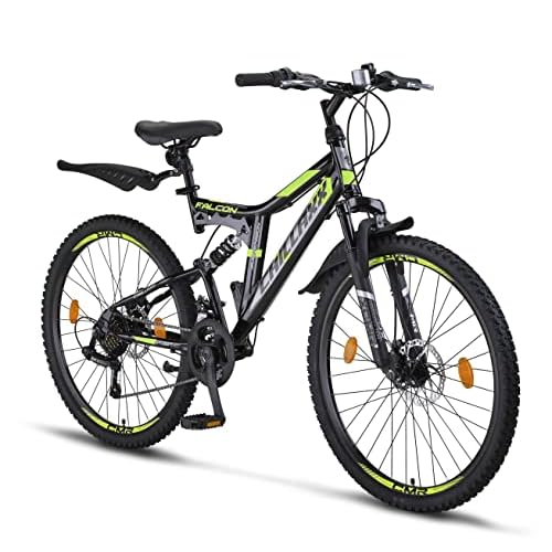 Chillaxx Bike Falcon Premium Mountainbike in 24 und 26 Zoll - Fahrrad für Jungen, Mädchen, Damen und Herren - Scheibenbremse- 21 Gang-Schaltung - Vollfederung (26 Zoll, Schwarz-Lime Disc-Bremse)