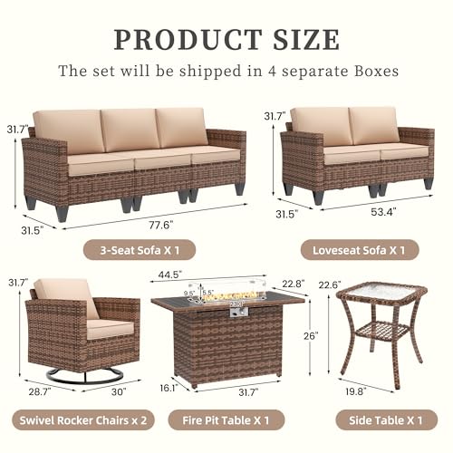 UDPATIO Patio Furniture Set with Fire Pit Table, Rocking Swivel Chairs, 6 Pieces Outdoor Conversation Sets, All-Weather Wicker Outdoor Sectional Sofa with Waterproof Cover, 4\'\' Thickened Cushion
