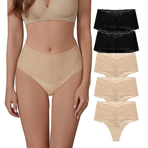 SHARICCA Women Seamless High Waist Underwear Sexy Floral Lace Thong Soft Comfortable Panties Pack X-Large 3 Beige 2 Black
