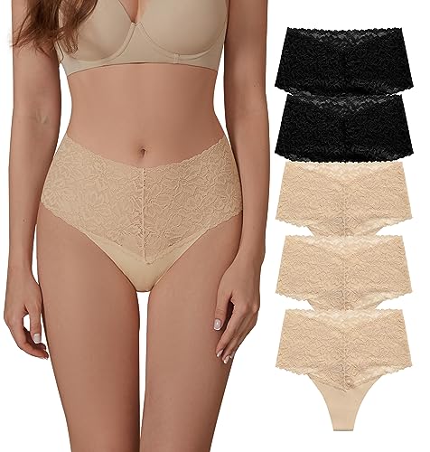 Image of SHARICCA Women Seamless High Waist Underwear Sexy Floral Lace Thong Soft Comfortable Panties Pack