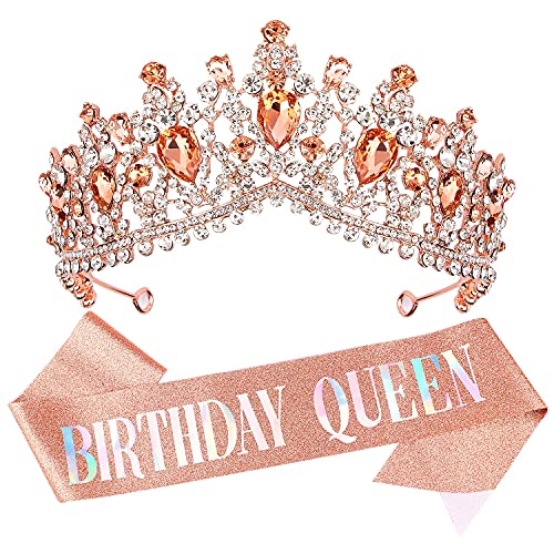 Birthday Tiara for Women, Birthday Sash and Tiaras for Women, Happy Birthday Queen Crown for Women, Birthday Crowns for Women with Rose Gold, Birthday Decorations for Women, Birthday Party Favors