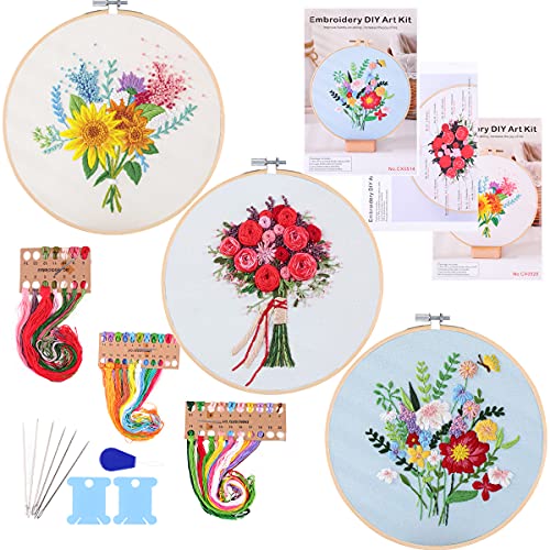 3Pack Embroidery Starters Kit with Pattern for Beginners Adults, Full Range of Stamped Cross Stitch Kit Set with Embroidery Hoop Cloth Thread Needlepoint Kit Floral Series,embroidery Kit for Beginners