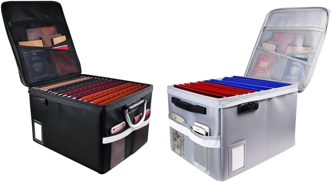 2 Pack Fireproof Document Box File Organizer, Fireproof File Cabinet Box with Lock, Portable Office Safe Box for Hanging Letter/Legal Folder 16.1 x 12.9 x 11inch (Black Silver)