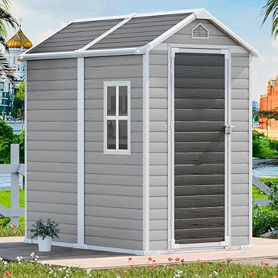 CDCASA 6x4 FT Outdoor Storage Shed, Waterproof Resin Shed with Floor & Lockable Door & Window & Vents, Plastic Tool Shed for Outside, Patio, Poolside, Dove Grey