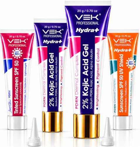 Image of VSK Professional Hydrate 2% Kojic Acid Face Serum in Gel with PDRN Dermal Complex, Glow Sunscreen & Tinted Sunscreen SPF 50+ | Alpha Arbutin Brightening Treatment for Dark Spots, Melasma & Uneven Skin Tone | Lightweight Non-Greasy Daily Use Combo |4 Tubes 20g each