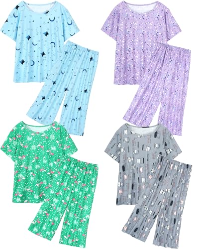 XPUDAC 4 Pack Womens Pajama Sets Short Sleeve Tops with Capri Pants Soft Sleepwear Pjs Set