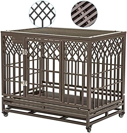 SMONTER 38in Heavy Duty Strong Metal Dog Cage Pet Kennel Crate Playpen with Wheels, Y Shape, Brown