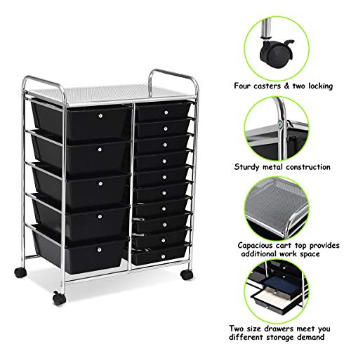 15 Drawer Rolling Storage Cart, Mobile Utility Cart With Lockable Wheels, Drawers, Multipurpose Organizer Cart For Home, Office, School, Black #TOP7
