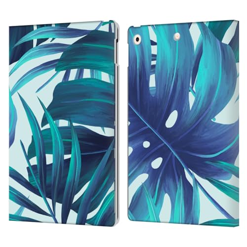 Housse cuir iPad 10.2 Haroulita bleu feuilles etui rabat tablette Apple