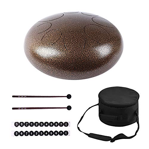 Muslady Tamburo in Acciaio 12 Pollici Tamburo Handpan Tamburo a Mano 8 Toni Strumento a Percussione con Drum Mallets Carry Bag Note Sticks per Meditazione Yoga Zazen Sound Healing Oro antico