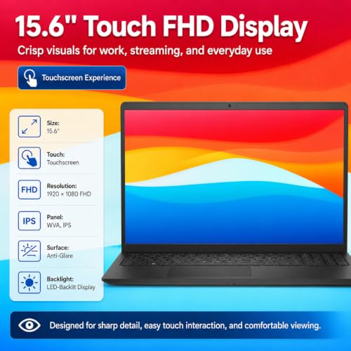 Image of Dell DC15250 Ai Touchscreen Laptop, Intel i7 CPU 16GB DDR5, 512GB SSD | 15.6 inch FHD LED 220 Nits Anti-Glare, Wi-Fi6, Webcam, Copilot Key, Black - Windows 11 Pro