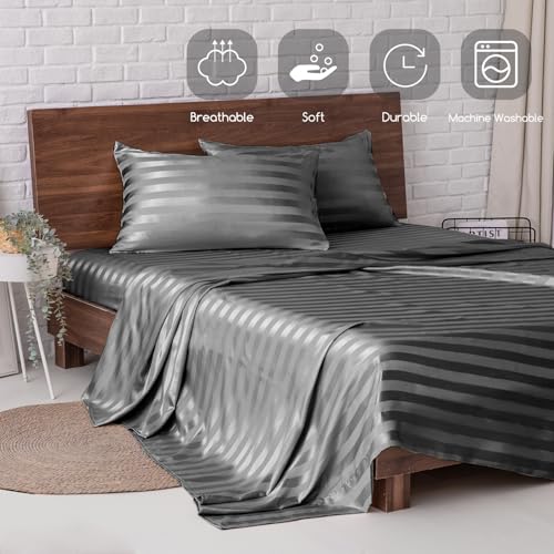Image of MR&HM Satin Bed Sheets, Queen Size Sheets Set, 4 Pcs Silky Bedding Set with 15 Inches Deep Pocket for Mattress (Queen, Dark Grey Striped)